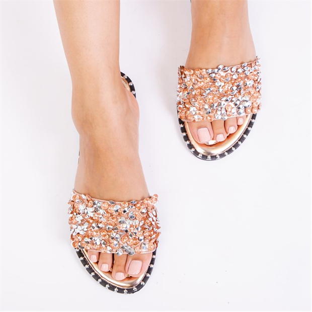 Wheres That From Rose Gold Belle Diamante Sparkly Flat Sliders