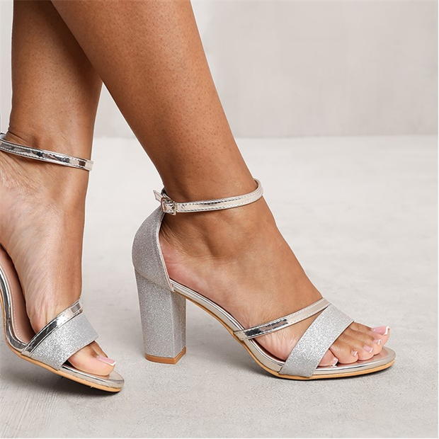 Where’s That From Silver Glitter Perla Mid Block Heel Sandals