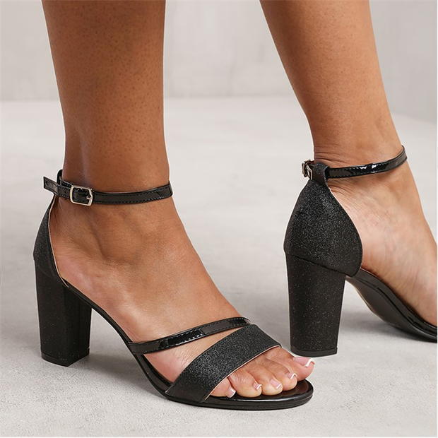 Where’s That From Black Glitter Perla Mid Block Heel Sandals