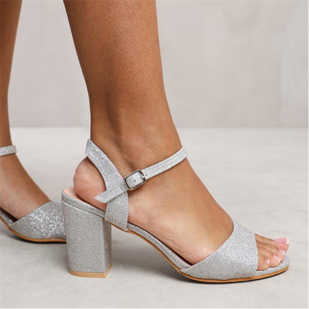 Where’s That From Silver Glitter Paityn Low Block Heel Sandals