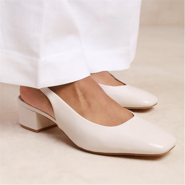 Where’s That From Michigan Cream Patent Square Toe Slingback Heels