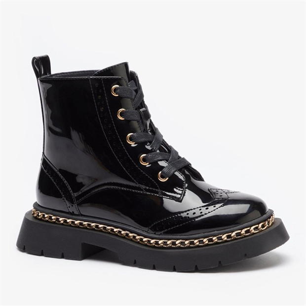 Studio Lace Up Chain Trim Patent Ankle Boot