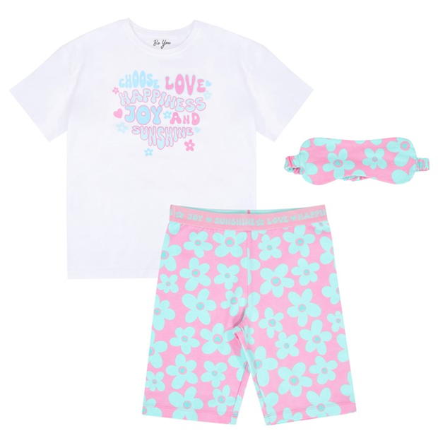 Be You Older Girls Flower Slogan Shortie Pyjamas with Eye Mask