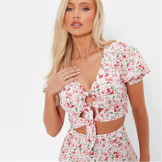 I Saw It First Floral Print Tie Front Crop Top