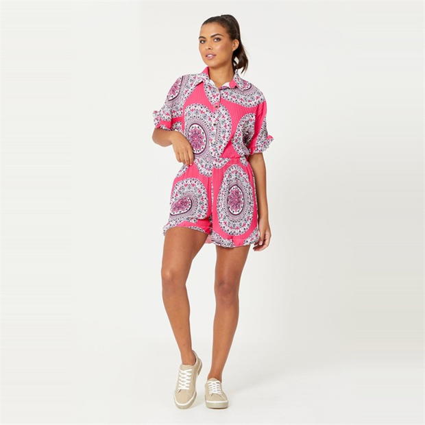 Be You Pleated Print Shirt and Short Co-Ord Set Womens