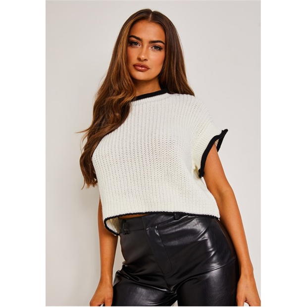 Missy Empire Beatrix Black & White Cropped Knitted Jumper Vest