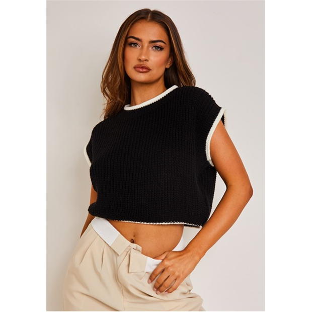 Missy Empire Beatrix Black & White Cropped Knitted Jumper Vest