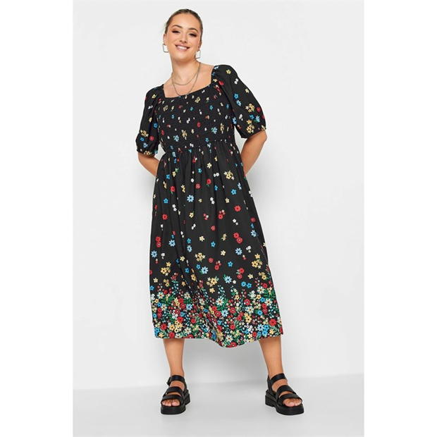 YOURS Curve Black Floral Border Shirred Midi Dress