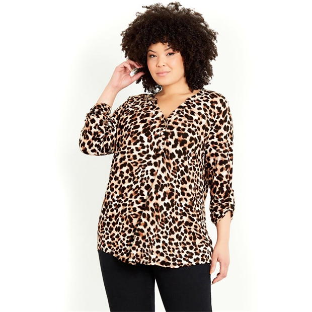 Evans Beige Brown Animal Print Half Placket Blouse