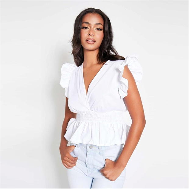 I Saw It First Cotton Poplin Shirred Waist Frill Sleeve Blouse