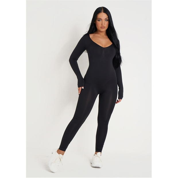 Missy Empire Black Seamless Long Sleeve Plunge Jumpsuit