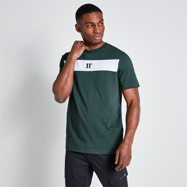 11 Degrees Cut and Sew Panelled T-Shirt - Darkest Spruce Green / White