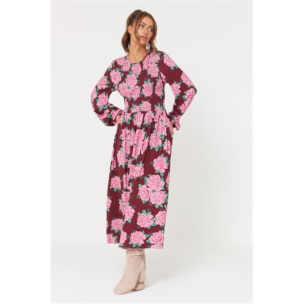 Be You Sleeve Floral Shirred Midi Dress