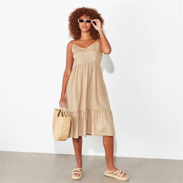 I Saw It First Linen Look Smock Cami Midaxi Dress