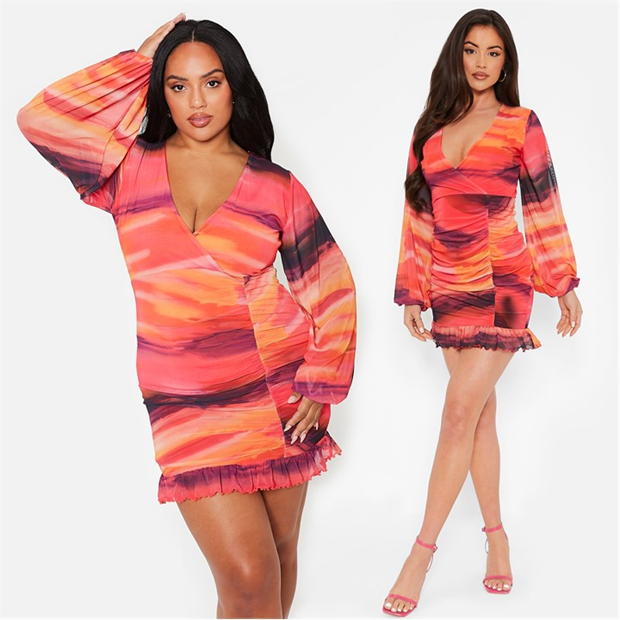 I Saw It First Printed Wrap Ruched Mesh Mini Dress