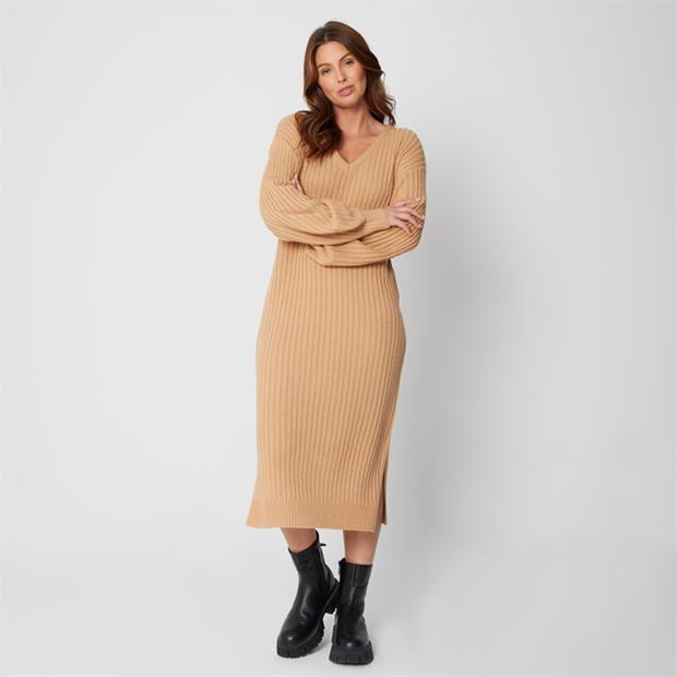 Be You Neck Rib Camel Jumper Dress