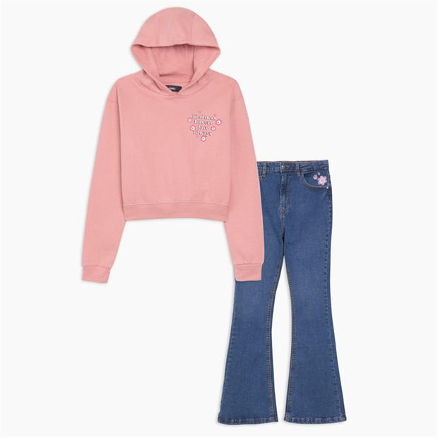 Studio Girls Hoody And Embroided Jean Set Pink/blue
