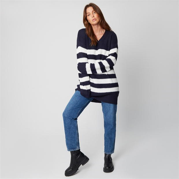 Be You Brush V Neck Stripe Longline Jumper