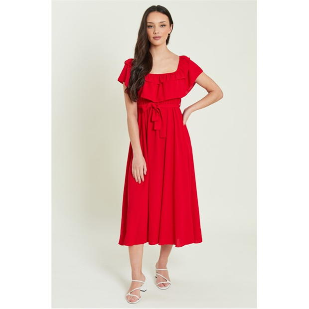Be You Frill Bardot Belted Midaxi Dress
