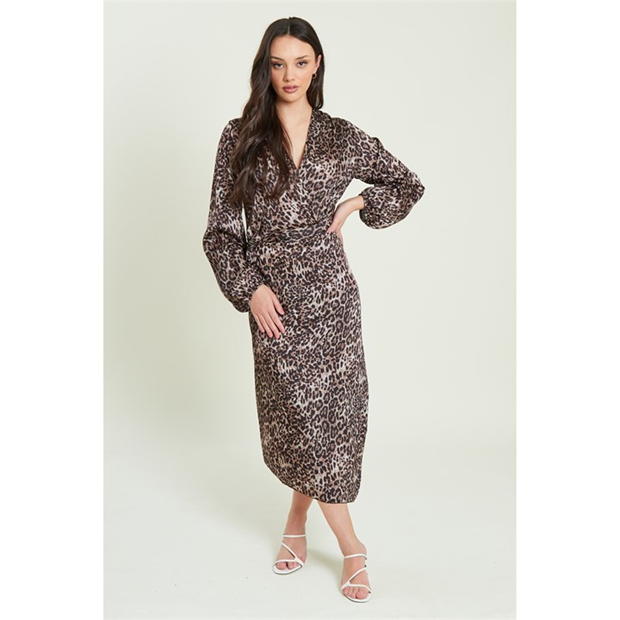 Be You Long Sleeve Satin Tie Wrap Midi Dress