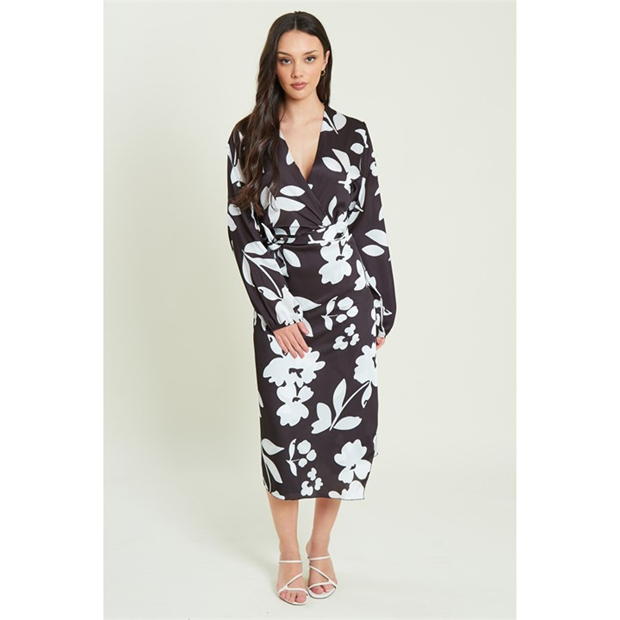 Be You Long Sleeve Satin Tie Wrap Midi Dress